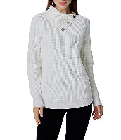 Greige Button Front Folder Over Neckline Long Sleeve Sweater