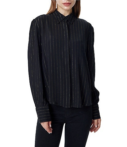 Greige Woven Striped Collared Long Sleeve Top