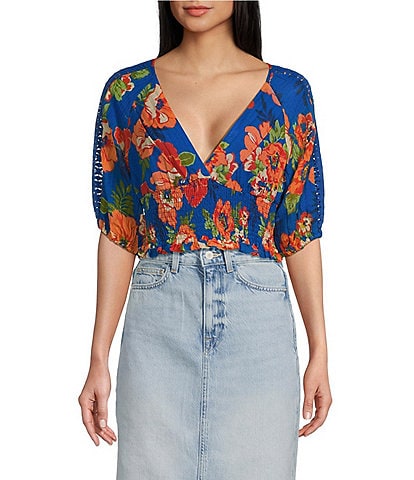Guess Ariana Tropical Floral Print Tie Back Short Sleeve Top