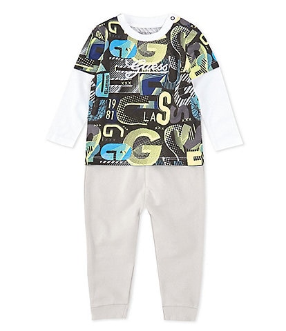 Guess Baby Boys 3-24 Months Long Sleeve Printed/Solid Two-Fer Jersey Tee & Solid French Terry Jogger Pants Set