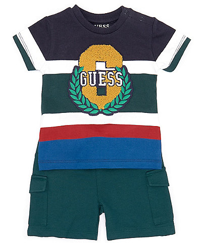 Guess Baby Boys 3-24 Months Short-Sleeve Embroidered Patch Striped Knit T-Shirt & Solid French Terry Shorts Set