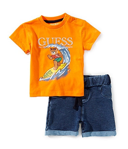 Guess Baby Boys 3-24 Months Short Sleeve Surfer Bear Knit T-Shirt & Denim-Look Knit Shorts Set