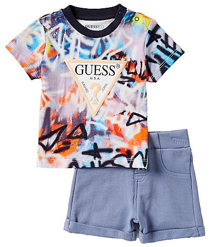 Guess Baby Boys 3-24 Months Short-Sleeve Tie-Dye Graffiti Jersey T-Shirt & Solid French Terry Shorts Set