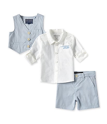 Guess Baby Boys 6-24 Months Sleeveless Seersucker Vest & Shorts & Long Sleeve Solid Woven Shirt Set