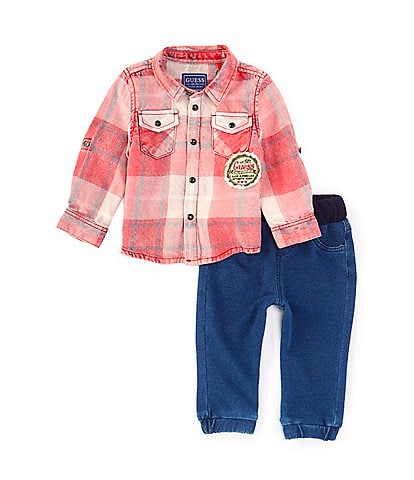 Guess Baby Boys Newborn-24 Months Long-Sleeve Plaid Flannel Shirt & Denim-Look Knit Pants