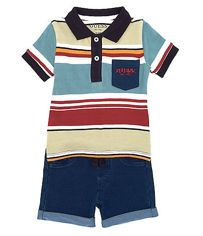 Guess Baby Boys Newborn-24 Months Short-Sleeve Striped Pique Polo Shirt & Knit Denim Shorts Set