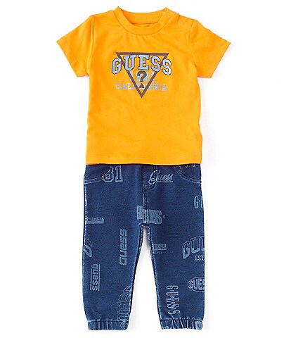 Guess Baby Boys Newborn-24 Months Short Sleeve Triangle Logo Tee & Printed Denim Pants Set
