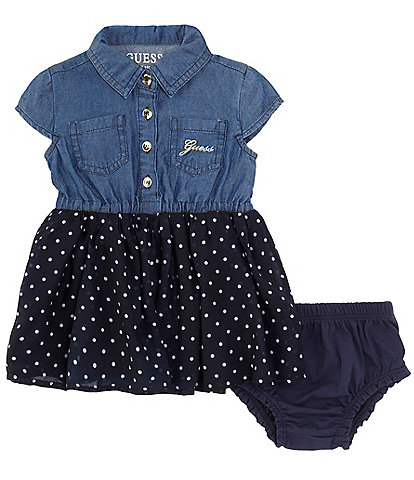 Guess Baby Girls 3-24 Months Cap Sleeve Chambray/Dotted Chiffon Fit-And-Flare Dress