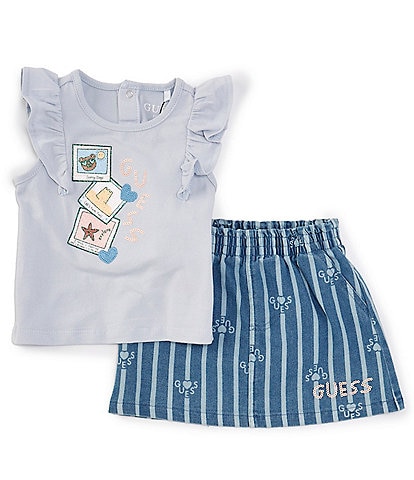Guess Baby Girls 3-24 Months Flutter Sleeve Graphic Top & Striped Denim Skort Set