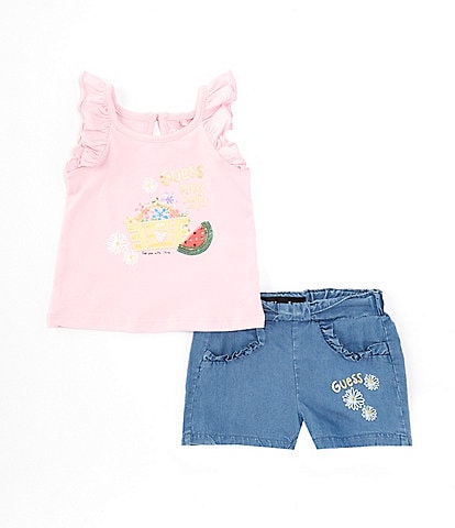 Guess Baby Girls 3-24 Months Flutter Sleeve Sequin Embellished Embroidered Artwork Jersey T-Shirt & Chambray Shorts Set