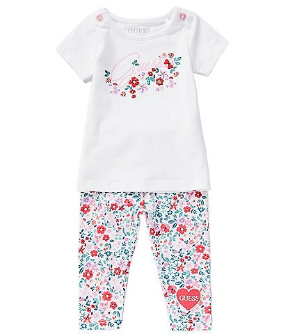Guess Baby Girls 3-24 Months Glitter-Accented Logo/Puff-Print Tee & Floral Leggings Set
