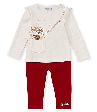 Guess Baby Girls 3-24 Months Long-Sleeve Foiled-Printed Artwork Tee & Sequin-Applique-Logo Leggings Set