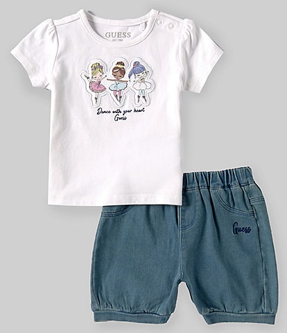 Guess Baby Girls 3-24 Months Short Sleeve Character Screen Print T-Shirt & Denim Shorts Set