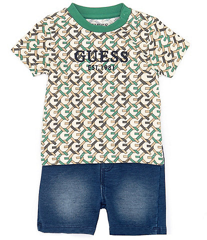 Guess Baby Girls 3-24 Months Short-Sleeve Embroidered-Logo Printed Jersey Tee & Denim Shorts Set