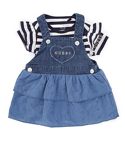 Guess Baby Girls 3-24 Months Sleeveless Denim/Eyelet Woven Jumper Dress & Short Sleeve Yarn-Dyed-Striped Jersey Bodysuit Set