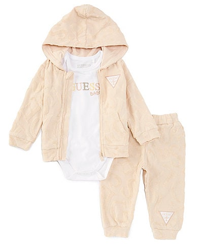Guess Baby Girls Newborn-12 Months Long Sleeve Hooded Jacket & Matching Jogger Pants & Long Sleeve Jersey Bodysuit Set