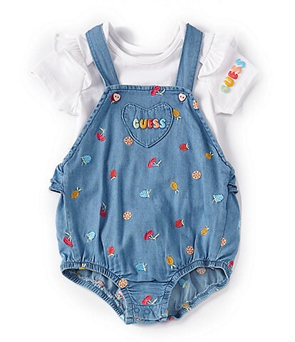 Guess Baby Girls Newborn-12 Months Short-Sleeve Solid Bodysuit & Sleeveless Glitter-Puff-Printed Heart Bubble Set
