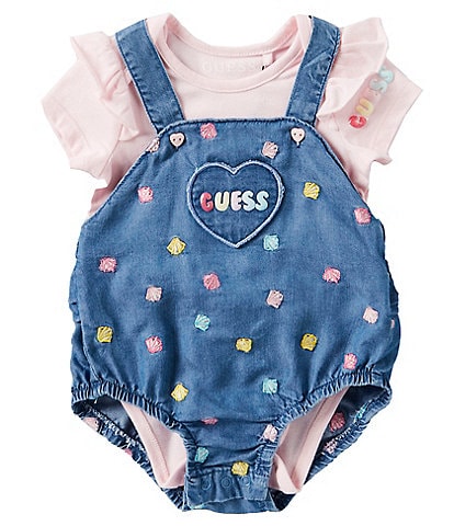 Guess Baby Girls Newborn-12 Months Sleeveless Embroidered Chambray Romper & Short Sleeve Jersey Bodysuit Set
