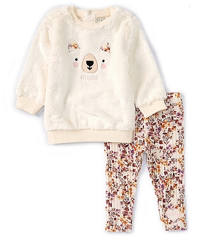 Guess Baby Girls Newborn-24 Months Long-Sleeve Bear Face Appliqued Patch Top & Printed Leggings Set