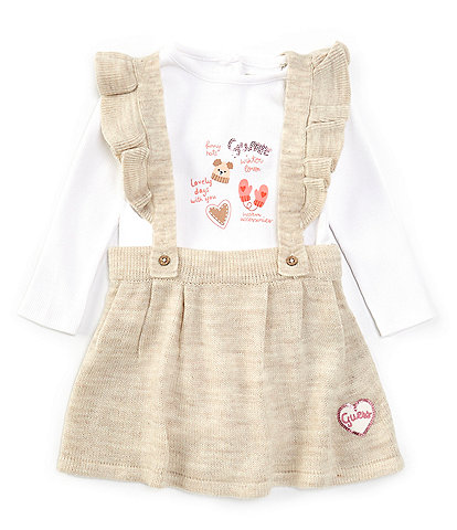 Guess Baby Girls Newborn-24 Months Ruffle-Shoulder Printed Jumper Dress & Long Sleeve Padded-Patch Applique Bodysuit