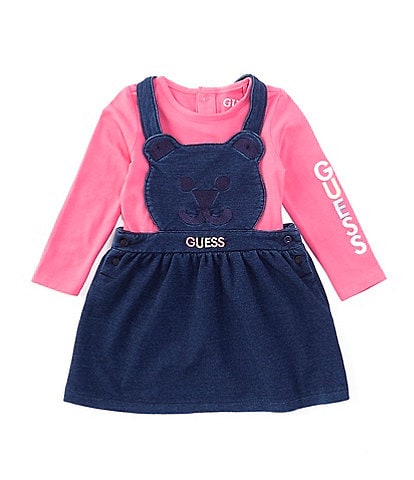 Guess Baby Girls Newborn-24 Months Sleeveless Bear Face Denim-Look Knit Jumper Dress & Long-Sleeve Logo-Detailed Knit Bodysuit