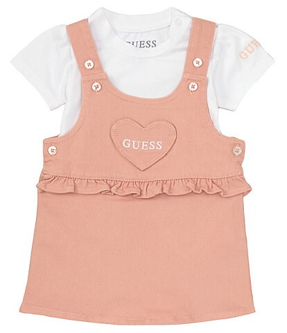 Guess Baby Girls Newborn-24 Months Sleeveless Logo-Heart Bull-Denim Jumper Dress & Short Sleeve Bodysuit Set