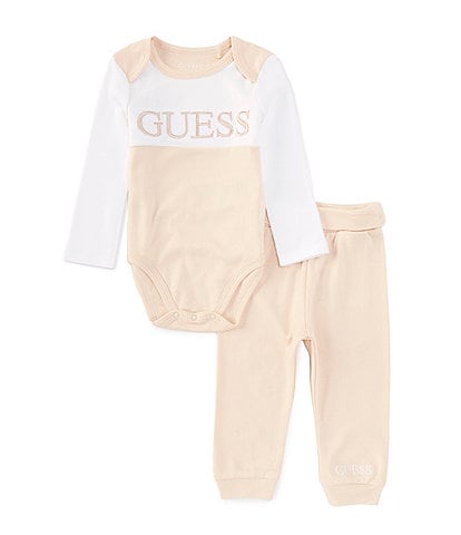 Guess Baby Newborn-12 Months Long Sleeve Logo Color Block Bodysuit & Solid Jogger Pant Set