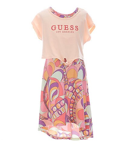 Guess Big Girls 7-16 Short-Sleeve Logo Tie-Front Tee Overlay Floral Printed High-Low Dress