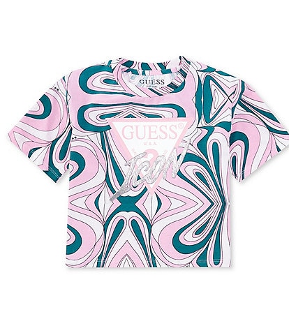 Guess Big Girls 7-16 Short Sleeve Retro Print Icon Crop T-Shirt