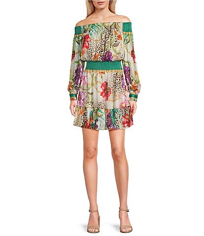 Guess Charlotte Tropical Printed Off-The-Shoulder Long Sleeve Mini Dress