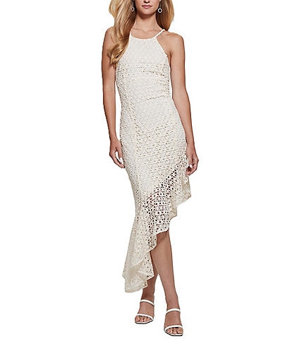 Guess Claudia Eyelet Embroidered Floral Overlay Asymmetric Hem Dress