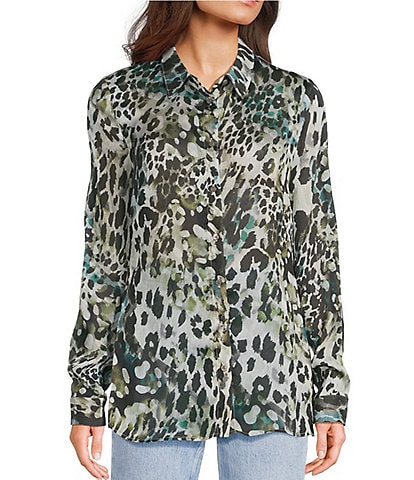 Guess Clouis Long Sleeve Leopard Print Crinkled Chiffon Shirt