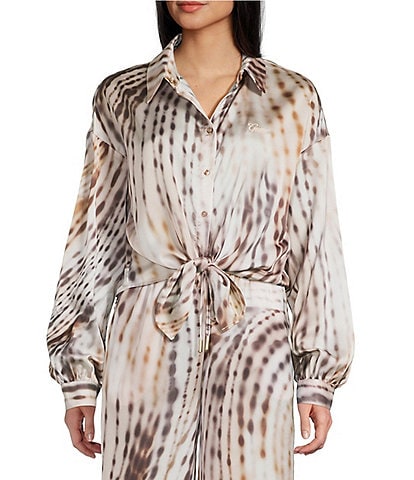 Guess Coordinating Satin Animal Print Long Sleeve Button Front Shirt