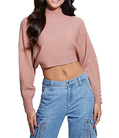 Guess Cropped Long Sleeve Cross Back Rib Top