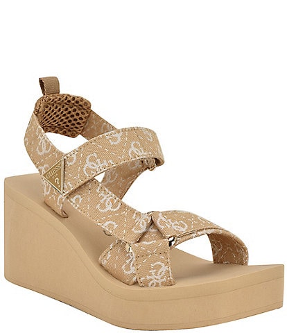 Guess Daysa Logo Print Platform Wedge Sandals