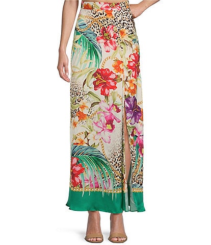 Guess Dora High Rise Tropical Print Side Slit Coordinating Maxi Skirt