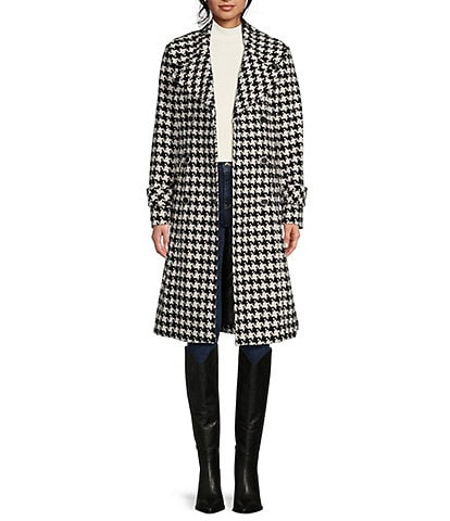 Guess Double Breasted Houndstooth Wool Blend Belted Trench Coat