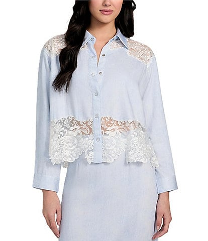 Guess Evie Lace Trimmed Long Sleeve Denim Top