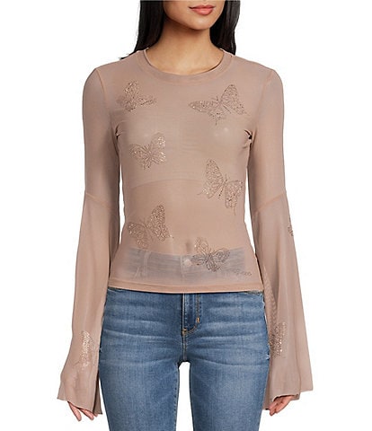 Guess Fiamma Embellished Rhinestone Butterfly Long Flared Sleeve Mesh Top