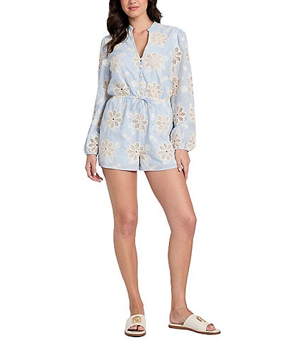 Guess Floral Embroidered Long Sleeve Voile Romper