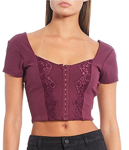Red Lace Corset Cropped Top, Tops