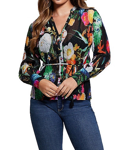 Guess Lisette Long Sleeve Floral/Clip-Dot Abstract Print Jacquard Top