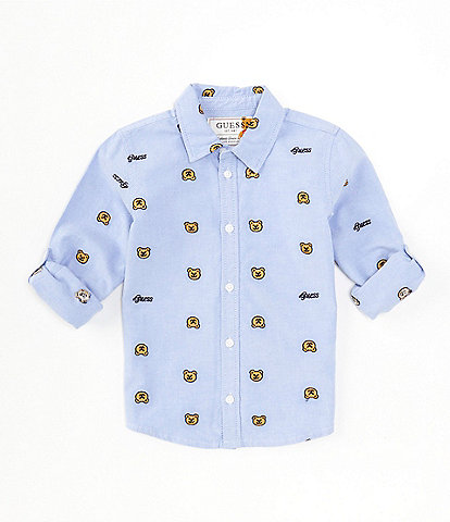 Guess Little Boys 2T-7 Long Sleeve Bear Embroidered/Logo-Printed Oxford Shirt