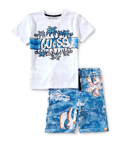 Guess Little Boys 2T-7 Short Sleeve Graphic Active Top & Allover Print Short 2-Piece Set