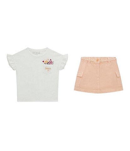 Guess Little Girls Short Ruffle Sleeves Embroidered Design T-Shirt & Mini Skirt 2-Piece Set