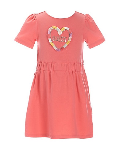 Guess Little Girls 2T-7 Short-Sleeve Fringe-Heart Sequin Logo Dress