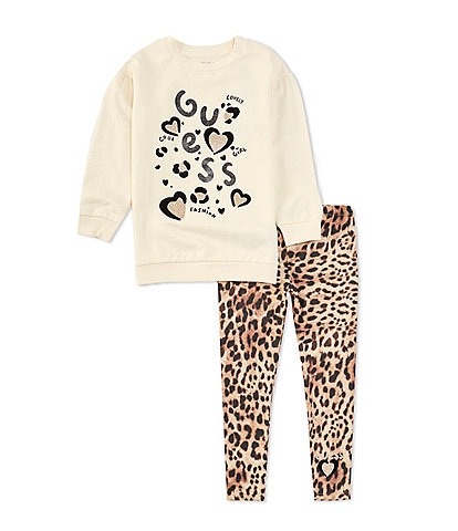 Guess Little Girls 2T-7 Long Sleeve Puffed Glitter-Printed Sweater & Animal-Printed Leggings Set