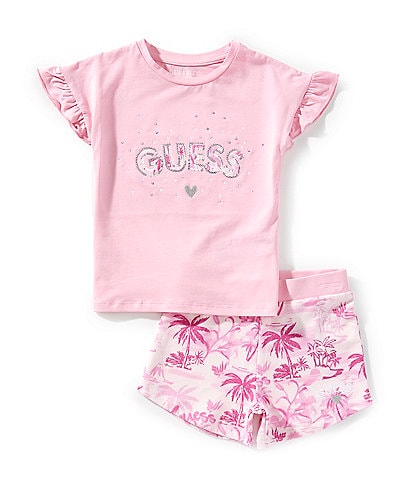 Guess Little Girls 2T-7 Sparkle Guess Embroidered Short Flutter Sleeve T-Shirt & Short Set