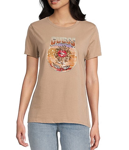 Guess Logo Detailed/Desert Flower Rhinestone Graphic Short Sleeve T-Shirt