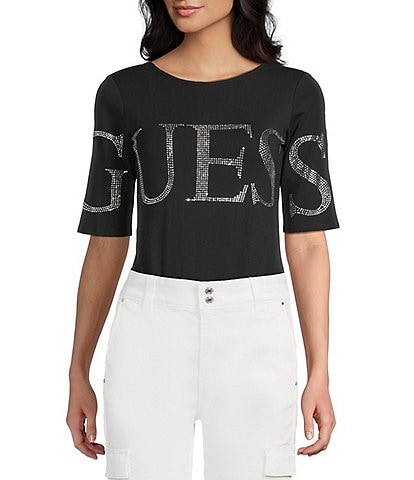 Guess Low Back "Guess" Bling Accented Short Sleeve Bodysuit